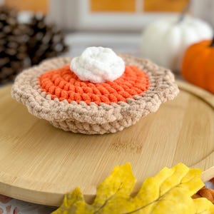 May include: A crocheted pumpkin pie with a brown crust, orange filling, and white whipped cream topping. The pie is sitting on a wooden plate with fall leaves around it.