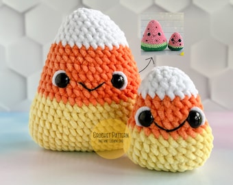 Pacchetto di modelli all'uncinetto per caramelle di mais, modelli all'uncinetto per Halloween con peluche, caramelle di mais autunnali, modelli 2 in 1 per caramelle di mais e anguria, pacchetto