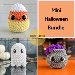 Puede incluir: Un paquete de patrones de crochet para hacer tres personajes de Halloween en miniatura: un caramelo de maíz, un fantasma y un caldero. El patrón es para descarga instantánea.