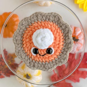 May include: A crocheted pumpkin pie with a white whipped cream topping and googly eyes. The pie is on a glass cake stand surrounded by fall leaves and pumpkins.