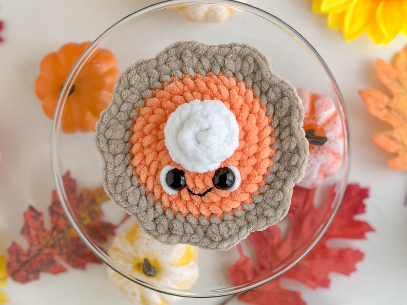May include: A crocheted pumpkin pie with a white whipped cream topping and googly eyes. The pie is on a glass cake stand surrounded by fall leaves and pumpkins.