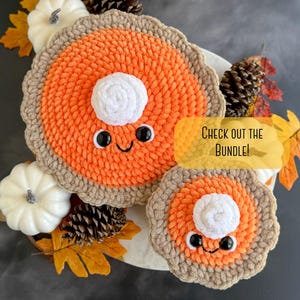 May include: Two crocheted pumpkin pie plush toys with smiling faces and white whipped cream topping. The larger pie is orange and brown, the smaller pie is orange and brown. The pies are on a white surface with fall leaves and pine cones.