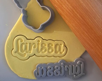 Personalized Name cookie cutter and stamp set. Script font name outline and solid character name stamp biscuit. (Plaque Cutter not included)