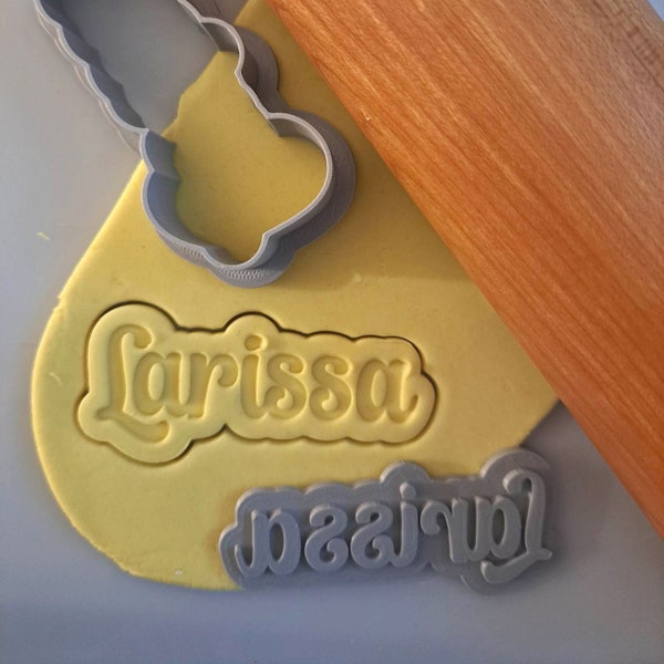 Personalized Name cookie cutter and stamp set. Script font name outline and solid character name stamp biscuit. (Plaque Cutter not included)