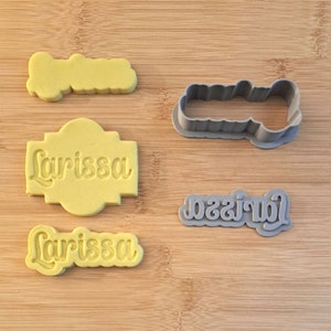 Personalized Name cookie cutter and stamp set. Script font name outline and solid character name stamp biscuit. (Plaque Cutter not included)