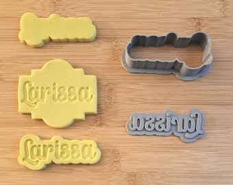 Personalized Name cookie cutter and stamp set. Script font name outline and solid character name stamp biscuit. (Plaque Cutter not included)