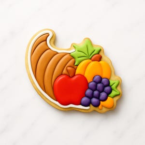 May include: A decorated cookie in the shape of a cornucopia, filled with a red apple, orange pumpkin, and purple grapes. The cookie is outlined in white and has a golden-brown color.