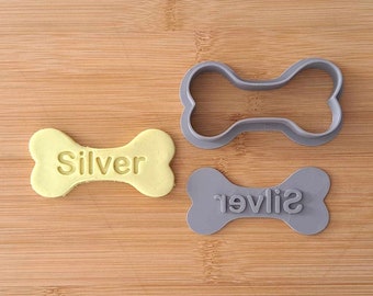Personalized dog bone cookie cutter and stamp set. solid rounded character name stamp biscuit.  Great for Fondant too!