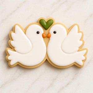May include: A decorated sugar cookie in the shape of two white doves facing each other, with orange beaks and black eyes. A green heart sits above the doves. The cookie has a light brown border and is on a white marble surface.