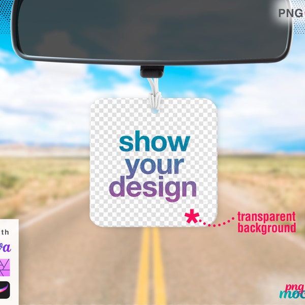 Square Car Air Freshener PNG Mockup with transparent background use with Canva Style JPG Show your design DIY Sublimation Felt air freshener