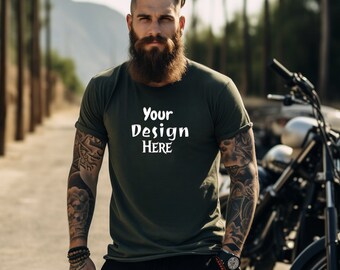 Military Green Bella Canvas 3001 T-Shirt Mockup (PNG)