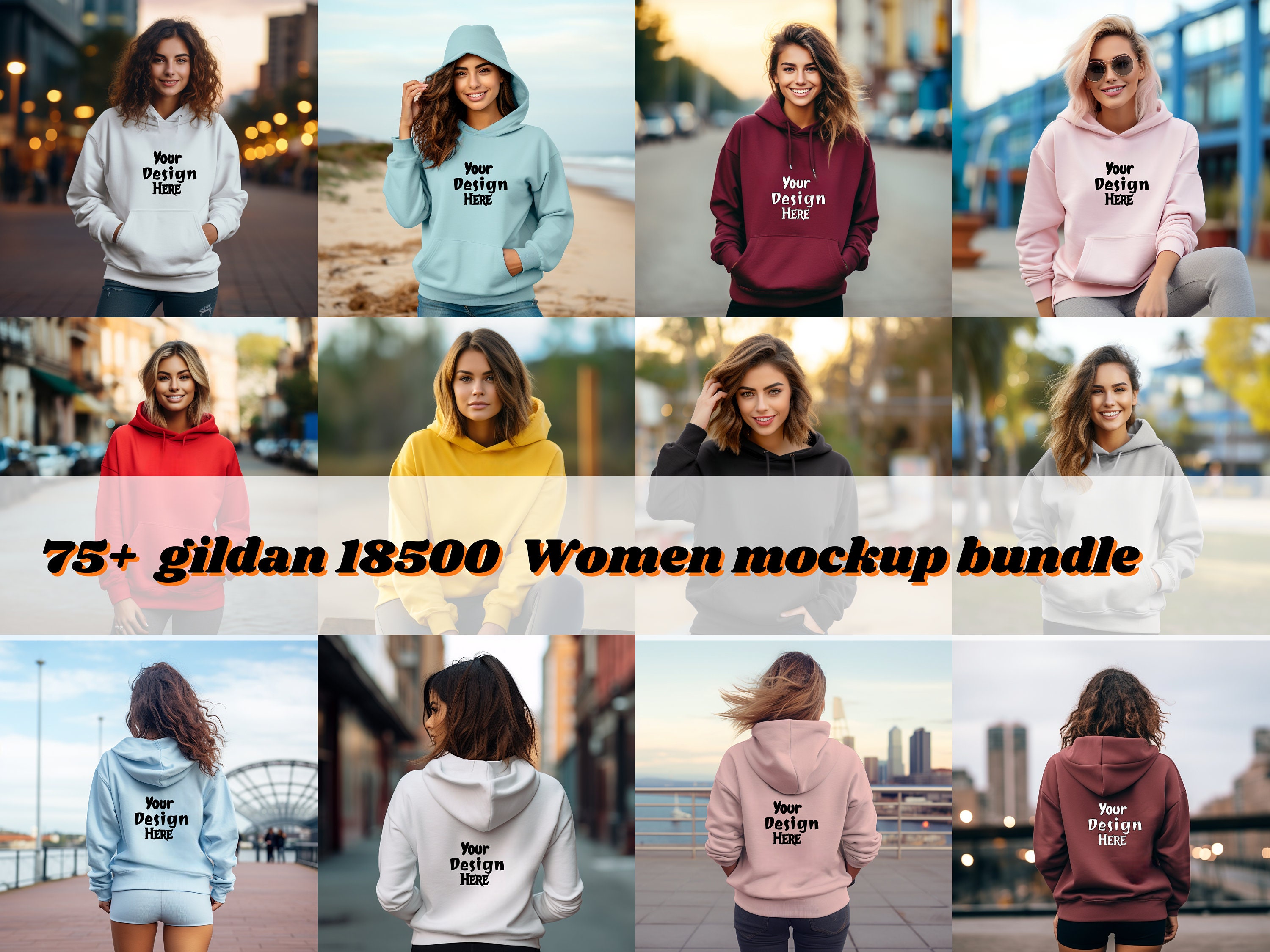 Gildan 18500 Hoodie Mockup Bundle, Front Back and Combo, Gildan 18500 Model Mockups ,Hoodie Mock Ups for Women ,Lifestyle Mockups