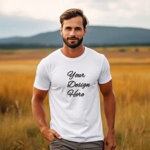White Bella Canvas 3001 Mockup, T-Shirt Mockup, Male t-shirt Mockup, Model Mockup, Nature,  White Tshirt mock, Model 3001 Mockup
