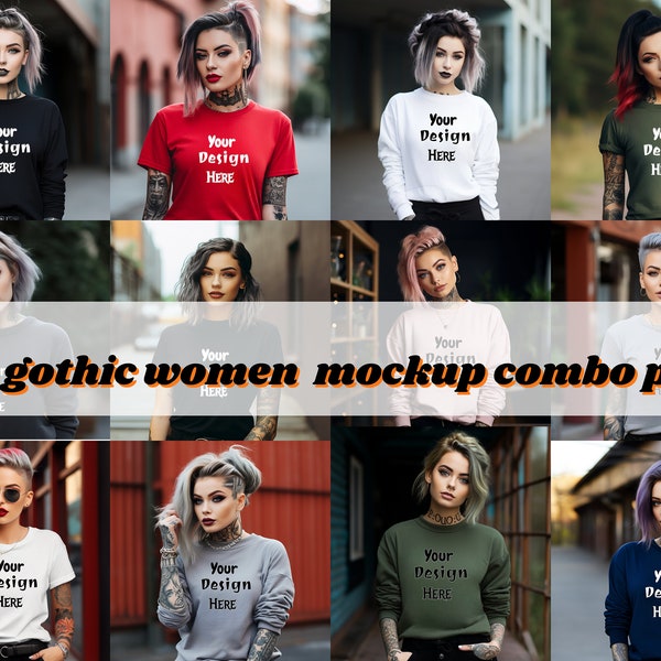 35+ Gothic women Bella Canva + Gildan 18000 combo pack bundle, Goth Mockup Punk Model Mockup , Gothic Mockup, Goth Mockup, Rock Mockup