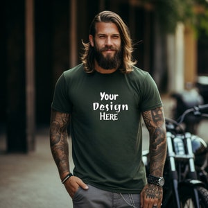 Military Green Bella Canvas 3001 Mockup | Short Sleeve Shirt | Male Mock ,male tshirt mock-up,  3001 Man T-shirt Mockup, Military Green