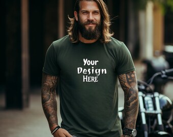 Military Green Bella Canvas 3001 T-Shirt Mockup (PNG)