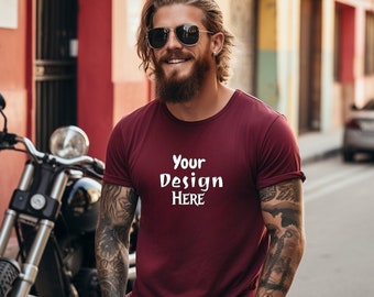Mockup da camiseta unissex de manga curta Bella Canvas 3001 na cor bordô (PNG)