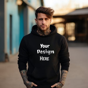 Gildan 18500 Schwarzes Mockup, männliches Gildan Hoodie-Mockup, Kapuzen-Sweatshirt-Männermodell-Mockup, schwarzer männlicher Hoodie, G18500 schwarzer Mockup-Mann