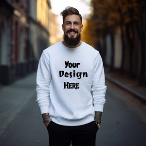 Bianco Gildan 18000 Mockup / Bianco Gildan Felpa Mockup / Felpa maschile Inverno Mockup, Mockup felpa da uomo, Bianco Gildan 180G