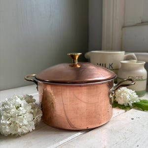May include: A copper saucepan with a lid and brass handles. The pot has a shiny surface and a brass knob on the lid. White flowers are arranged near the pot. The pot is likely used for cooking.