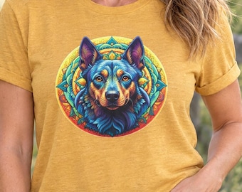May include: A mustard yellow short-sleeve t-shirt featuring a circular graphic print on the chest. The graphic displays a stylized, colorful dog head in shades of blue, orange, and teal, set against a vibrant, intricate mandala-like background.