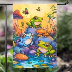 Garden Banner, Frog Garden Flag, Whimsical Pond Banner, Colorful Yard Decor, Outdoor Garden Sign, Spring Outdoor Flag