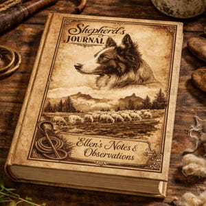 May include: A hardback journal titled "Shepherd's Journal" with a sepia-toned cover featuring a dog, sheep, and the text "Ellen's Notes & Observations." The journal is open on a wooden surface with other rustic items.