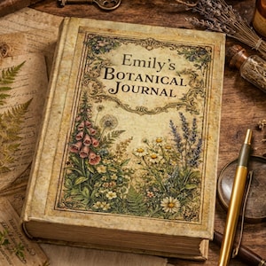 May include: A vintage-style botanical journal with the title "Emily's Botanical Journal" on the cover, featuring floral illustrations. The journal is surrounded by antique items like a key, pen, magnifying glass, and dried herbs, creating a rustic aesthetic.