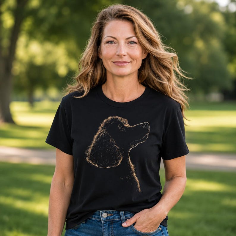 以下が含まれることがあります： 黒の半袖Tシャツで、横向きの犬のゴールドの線画が描かれています。このグラフィックは、長くウェーブのかかった耳を持つスパニエル系の犬の頭部と首を描いており、衣服の前面中央に配置されています。