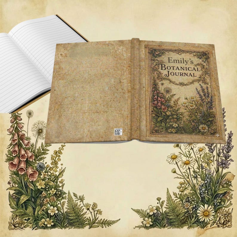 May include: An open botanical journal with the title "Emily's Botanical Journal" on the cover, surrounded by floral illustrations. The journal's pages are lined, and the cover has a vintage, aged appearance. Floral illustrations frame the journal.