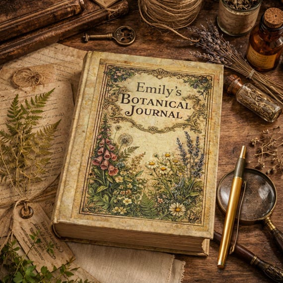 Personalized Botanical Journal Hardcover Vintage Herbarium Notebook with Name