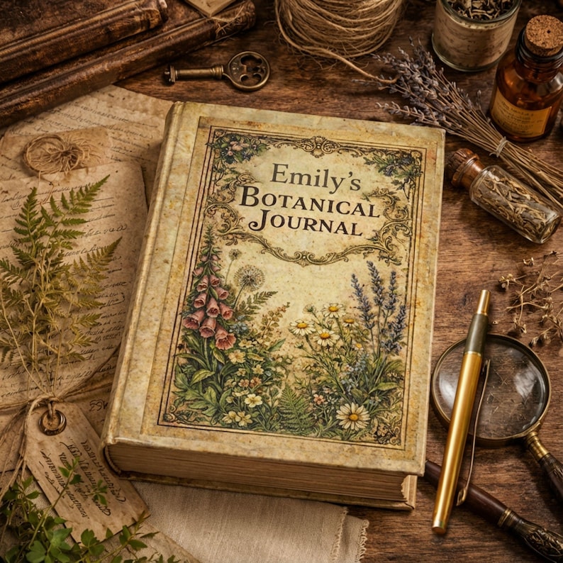 May include: A vintage-style botanical journal with the title "Emily's Botanical Journal" on the cover, featuring floral illustrations. The journal is surrounded by antique items like a key, pen, magnifying glass, and dried herbs, creating a rustic aesthetic.