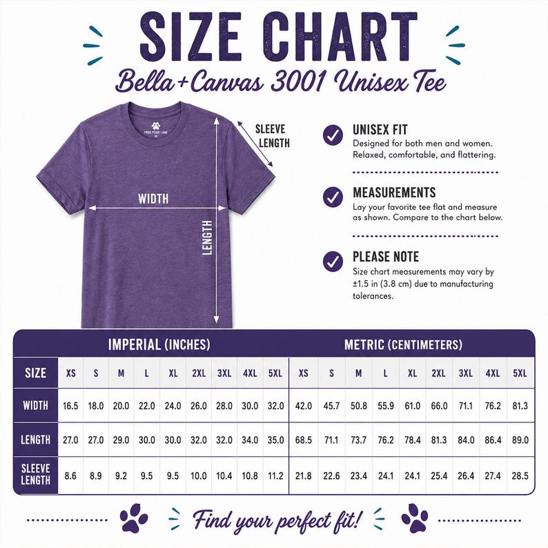 以下が含まれることがあります： Bella+Canvas 3001ユニセックスTシャツのパープルヘザーサイズチャート。画像には、幅、丈、袖丈を示す矢印が付いたTシャツと、インチおよびセンチメートル単位の測定値が記載された表が表示されており、XSから5XLまでのサイズが網羅されています。