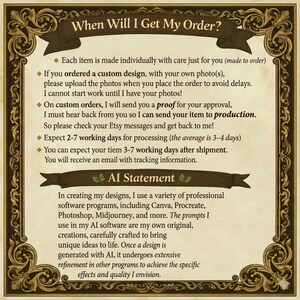 May include: A decorative framed print with the text "When Will I Get My Order?" in a vintage style. The text provides information about order processing, custom designs, and shipping times. The frame has ornate scrollwork.