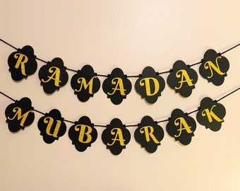 Ramadan Mubarak Banners- Islamic Decor - Handcrafted Banner - Ramadan Decoration - Black / Gold Banner - Crescent / Star Banner