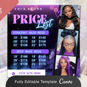 Braids Price List Flyer Templates | Beauty Salon Hair Stylist Pricing DIY Bundle Makeup MUA Design Boutique Social Media Editable Canva