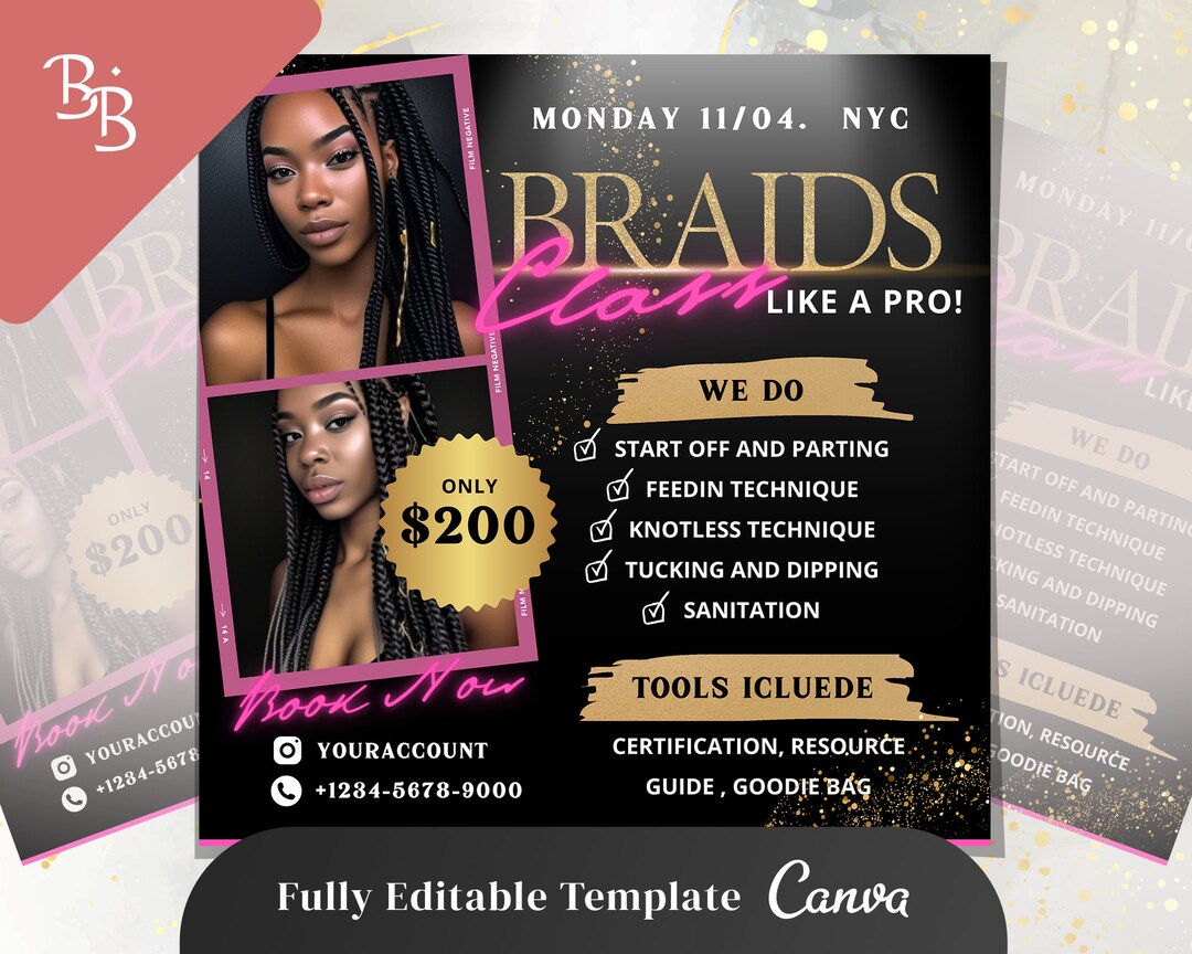 DIY Braids Masterclass Flyer Business Course Hair Lash Beauty Braiding