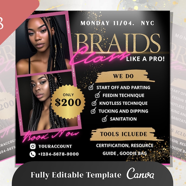 DIY Braids Masterclass Flyer | Business Course Hair Lash Beauty Braiding Template Online Class Book Now Editable Canva Social Media