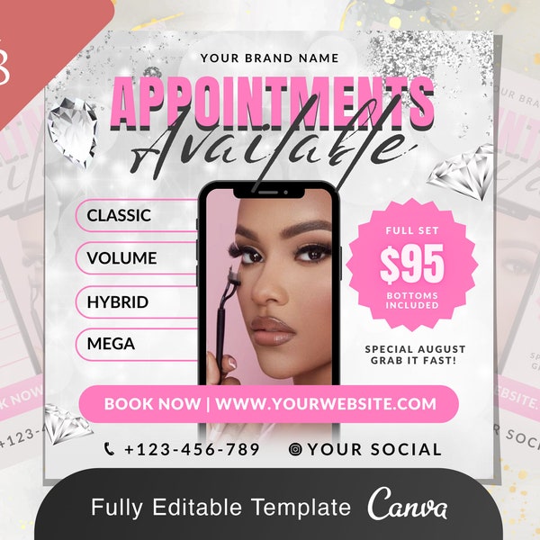 Booking Appointment Flyer |  Book Now Lash Sale Lashes Extensions Makeup Salon Social Media Instagram  Editable Canva Template