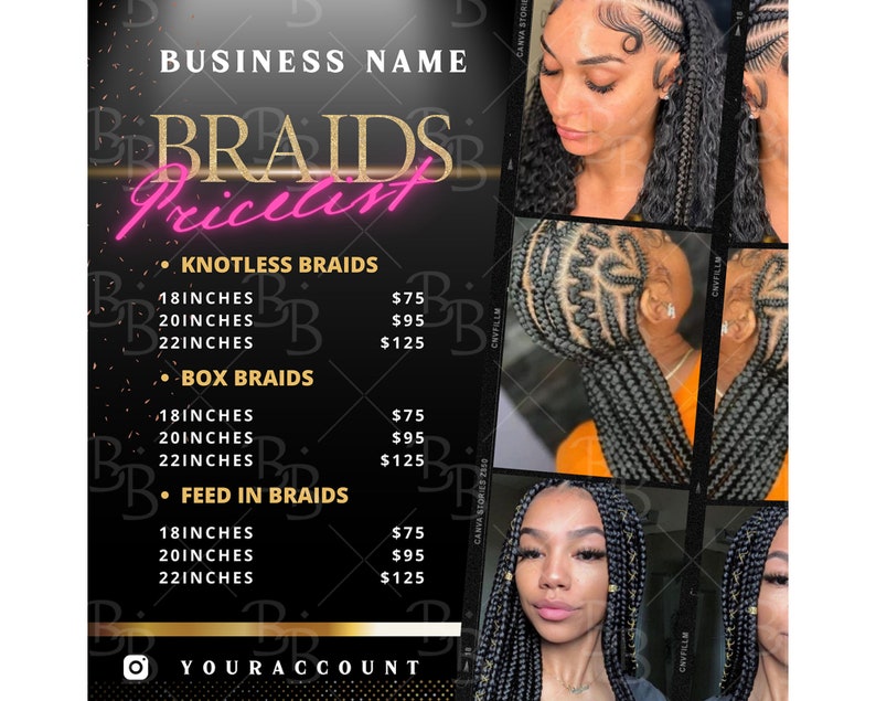 Braids Price List Flyer Templates Beauty Salon Hair Stylist Etsy