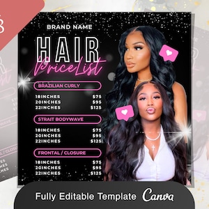 Plantillas de volantes con listas de precios de cabello / Diseño de precios de estilistas de pelucas, trenzas, bricolaje, redes sociales, redes sociales, Canva editable