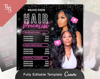 Hair Price List Flyer Templates | DIY Beauty Salon Braids Wig Stylist Pricing  Design Boutique Social Media Editable Canva