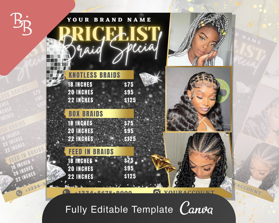 Braids Price List Flyer Beauty Salon Hair Stylist DIY Instagram Makeup