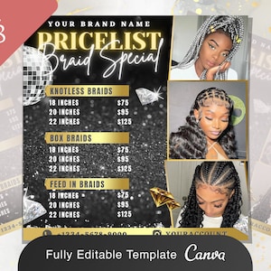 Braids Price List Flyer | Beauty Salon Hair Stylist DIY Instagram Makeup MUA Design Social Media Editable Canva Templates