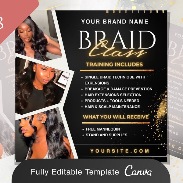 Braid Class Social Media Flyer | Beauty Masterclass Course Hair Stylist Training Book Now Instagram Editable Canva Template