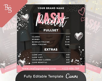 DIY Lash Pricelist Flyer | Sale Lashes Extensions Stylist Glam Pricing Makeup Salon MUA Social Media Editable Canva Template