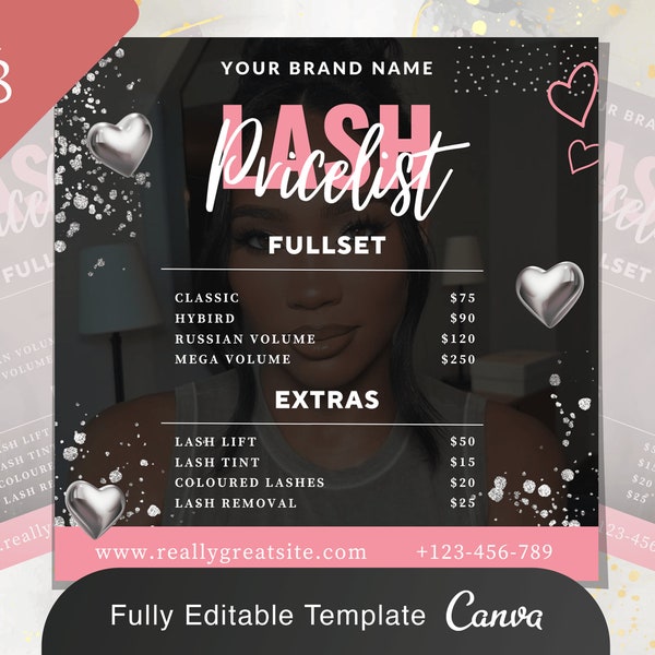 DIY Lash Pricelist Flyer | Sale Lashes Extensions Stylist Glam Pricing Makeup Salon MUA Social Media Editable Canva Template