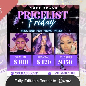 Hair Price List Flyer Templates | Beauty Salon Braids Stylist Pricing DIY Makeup MUA Design Social Media Editable Canva