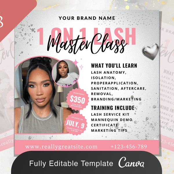 DIY Lash Masterclass Flyer | Business Course Hair Lash Beauty Braiding Template Online Class Book Now Editable Canva Social Media