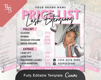 Lash Price List Template | DIY Lashes Extensions Appointments Beauty Salon Makeup Stylist Social Media Editable Canva Template